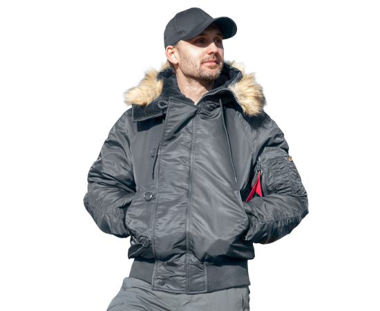 Сіра куртка чоловіча з капюшоном N-2B Slim Gray зимовий бомбер, Розмір: 44-46 (S)